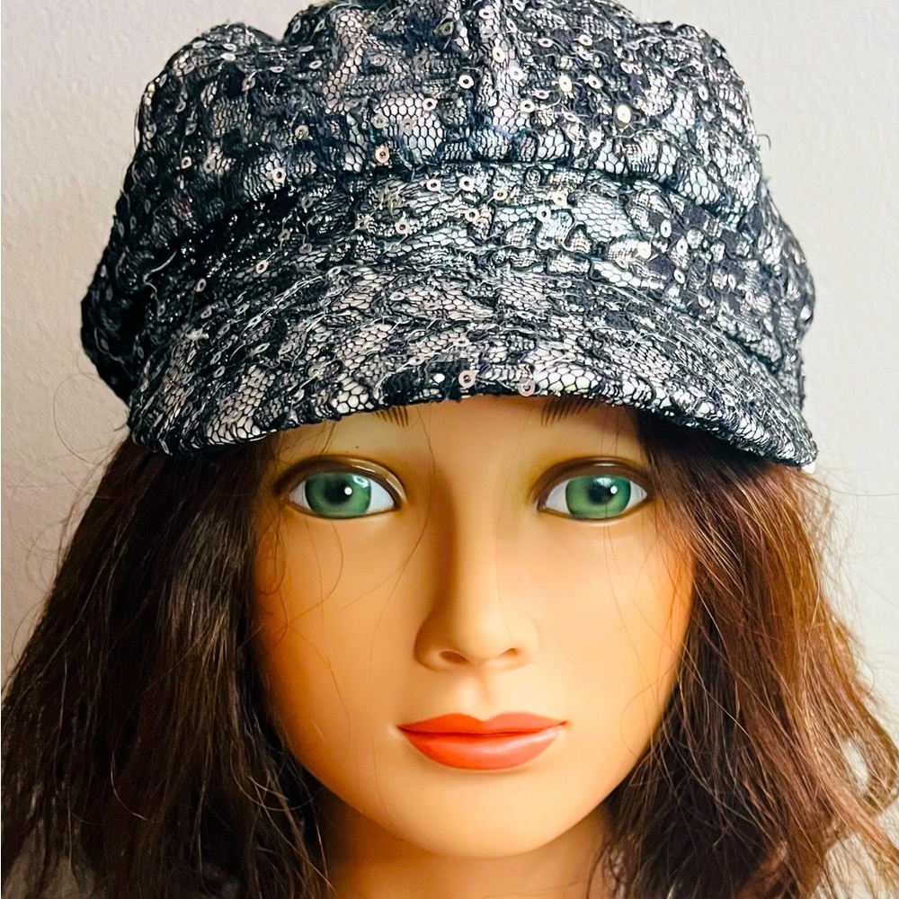 Silver and black sequin newsboy hat